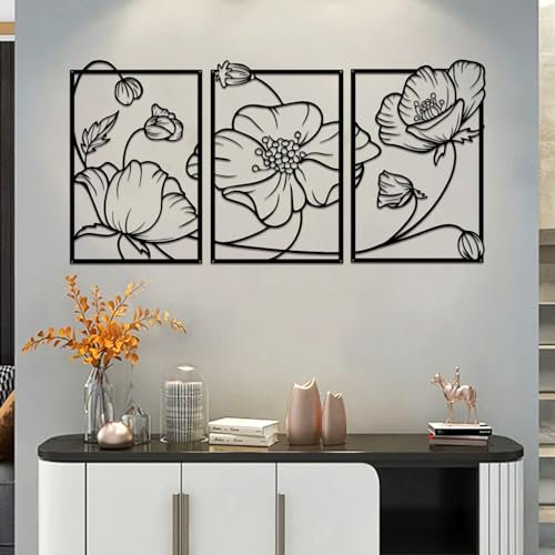 YiYa 3 Stück Wanddeko aus Metall Metall Blume Wand Dekor Floral Line Wandskulptur Schwarze Wanddekoration Minimalist Line Art für Zuhause Wohnzimmer Schlafzimmer