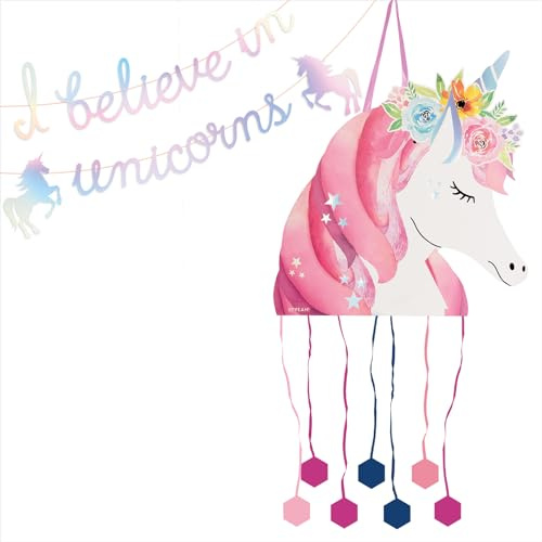 Großes Einhorn-Geburtstags-Pinata, 40,5 x 43 cm, mit schillernder Girlande, 3 m, Dekoration für Kinderpartys, Jungen und Mädchen, große Pinatas zum Befüllen mit Spielzeug und Leckereien.