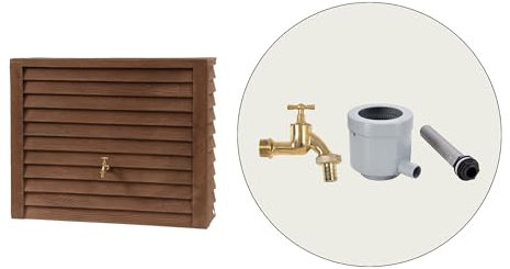 GARANTIA Woody Regentonne Komplett-Set 350 Liter Darkwood inkl. Messing-Auslaufhahn und Fallrohranschluss - Wandtank, Regenwassertonne, Regenwassertank, Wasserbehälter, Wassertonnen für Garten