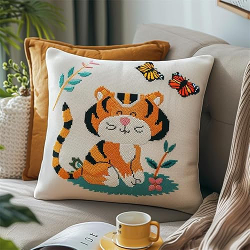 kitphoenix Latch Hook Kissen Kit Tiger Knüpfkissen Set für Anfänger Erwachsene oder Kinder zum Selber Knüpfen, DIY Knüpfteppich Knüpfpackung, Knüpfhaken Set 43 x 43 cm