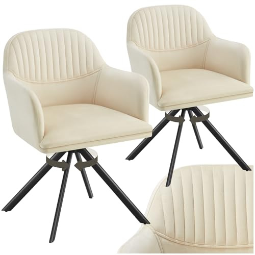 tectake® Esszimmerstuhl drehbar, Armlehnstuhl drehbar, ergonomischer Stuhl Samt, Stühle für Esszimmer, Möbel für Wohnzimmer, Arbeitszimmer, Esstisch, Schminktisch - 2er Set - Creme/schwarz