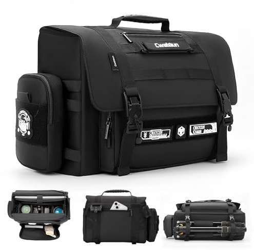 Cwatcun Large Tactical Camera Sling Bag, Crossbody Case with Tripod Holder | Fits 2cameras+2lenses+15.6laptop. Tactical webbing, removable pouches, magnetic buckle, side access, padded foam
