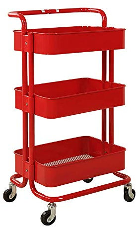 Mobiler Kosmetikwagen mit Griff, rollender Aufbewahrungswagen für Küche, Badezimmer, Mehrzweckwagen, Rot (45 x 35 x 87 cm)