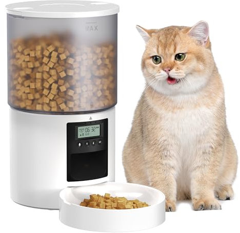 Distributore Automatico Cibo Gatti: Dispenser Crocchette Gatto con 10S Registrazione - Dosatore Crocchette per Cani con Orari di Mangiatoia Personalizzati 1-6 Pasti al Giorno Timer Bianco