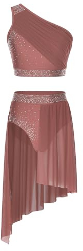 JEATHA Dam, asymmetrisk lyrisk danskostym, klänning, strass, ärmlös, crop top med danskjol, dans, outfit, gymnastikdräkt, dansklänning, konkurrens, kostym, Dämpad rosa, S