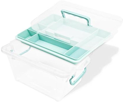 WJUAN Caja Plastico con Tapa, Caja de Almacenamiento Doble Capa, Cajas Almacenaje Grande con Asa, Azul Transparente, Caja con Tapa para Guardar Pequeños Juguetes, Cosméticos y Artesanía