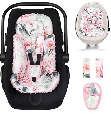 Pea Pod Baby Car Seat Head and Body Support, Infant Carseat Insert Cushion Pad with Strap Covers, Warm Minky Dot Fabric Backing, Perfect for Stroller, Swings, and Baby Car Seat (Floral)