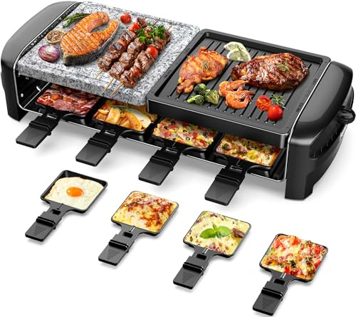 JOYAMI Electric Raclette Grill Machine 3 In 1 Indoor bbq Grill 1400W Stone Raclette Machine for 4 Person Kitchen Barbecue Grill, 8 Mini Non Stick Pan for Raclette Cheese Dishes Adjustable Temperature
