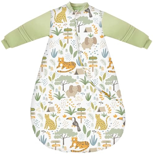 Chilsuessy Baby Schlafsack Winter mit abnembar Langarm Bio Baumwolle Babyschlafsack Kleine Kinder Ganzjahres Schalfsack Schlafanzug für Jungen und Mädchen, Cute Zoo/3.5 Tog, 75-90 cm