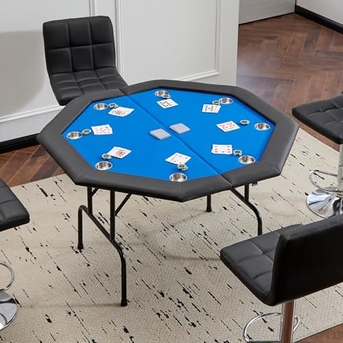 Mingone Tavolo da poker ottagonale pieghevole per 8 giocatori, 120 x 120 cm, portabicchieri in acciaio inossidabile, adatto per blackjack, roulette e giochi da casinò, braccioli imbottiti blu