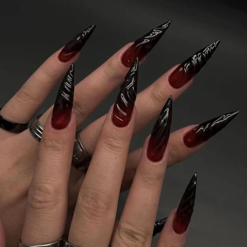 24Pcs Long Stiletto Press-On Nails Halloween -Black Red Gradient False Nails Almond - Artificial Acrylic Fake Nails with Glue - Full Cover Stick on Nails for Women Nail Art Decoration