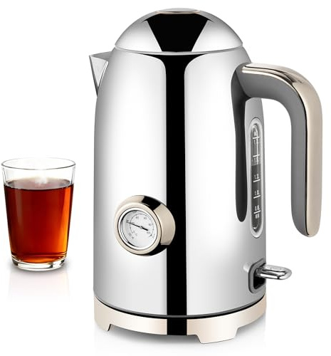 SUSTEAS Electric Kettle - 57oz Hot Tea Water Boiler with Thermometer, 1500W Fast Heating Stainless Steel Pot, Cordless LED Indicator, Auto Shut-Off & Boil Dry Protection, Glossy Silver