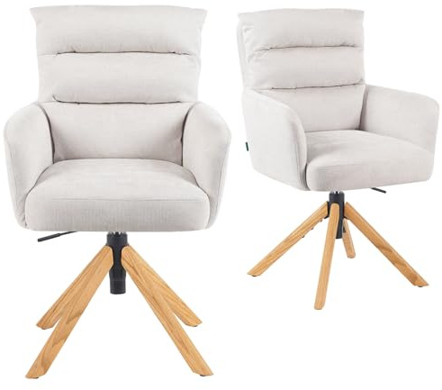 DUBI Möbel 2er Set Esszimmerstühle höhenverstellbar, Bürostühle & Konferenzstühle, 360° drehbar mit Taschenfederkern, ergonomisch gepolstert, Eichegestell, Stoff Beige, Modell Mika-Tesa