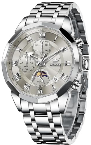 OLEVS Montre Homme Quartz Luxe Business Multifonction Chronographe Phase de Lune Étanche Cadran Argenté Acier