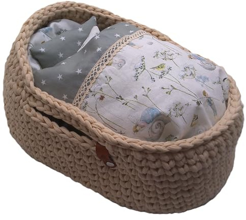 Puppentrage, Moseskorb gehäkelt, Puppenwiege mit Bettwäsche und Matratze –, Puppe bis 25cm (creme)