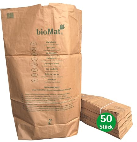 bioMat Sacs en Papier Compostables 240l en Papier Kraft, 50 Sacs pour Bac Bio, 1 Couche, Résistants à la Déchirure et à l’Humidité, Couleur Brun