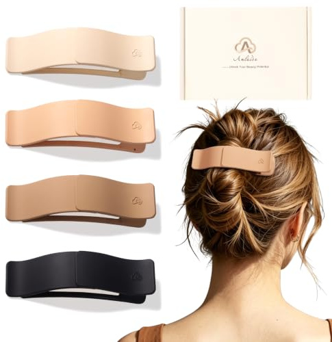 Amlaidu Large Flat Hair Clips for Women, Matte French Flat Claw Clips, Strong Hold Duckbill Barrettes for Thick Thin Hair, Comfort for Driving, Lying Down, Yoga, 4 Pcs - Beige Khaki Brown Black