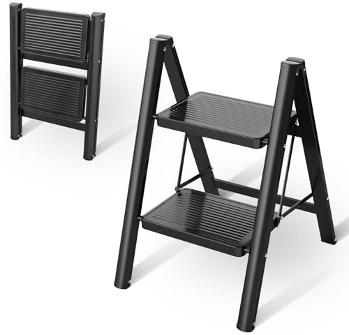 Trittleiter Klappleiter Robuster Stahlrahmen, 150 kg Tragkraft Klappbar Design mit Anti Rutsch Oberfläche für mehr Sicherheit (2-Stufen)