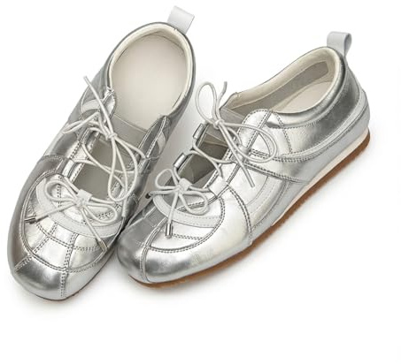 Women's Trendy Metallic Faux Leather Lace-Up Ballet Flats, Lightweight Comfortable Sporty Slip-On Shoes for Casual Daily Wear All-Season (Silver,8)