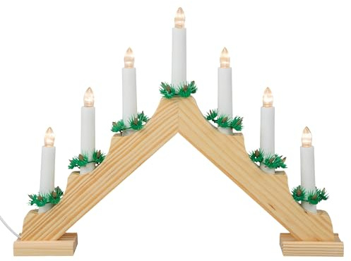 Idena 8582088 - Bougeoir de l'Avent LED en bois de couleur naturelle avec 7 bougies LED blanc chaud, avec ampoule de rechange, câble de connexion avec interrupteur, décoration pour Noël, Avent