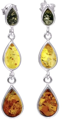 Pendientes de plata de ley, con ámbar, de gota, muy largos, color naranja y amarillo y verde ámbar
