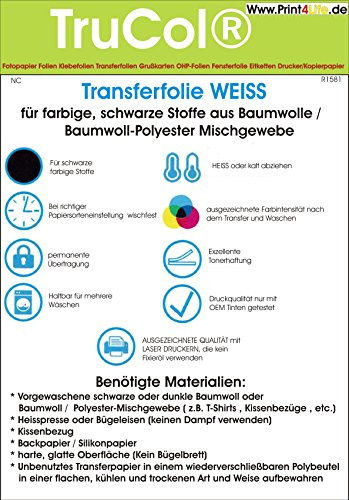 T-Shirt Textil-Transferfolie FÜR DUNKLE Stoffe Textilien DIN A4 Weiss zum Aufbügeln und Selbst gestalten (20 Blatt) - für Laserdrucker und Kopierer