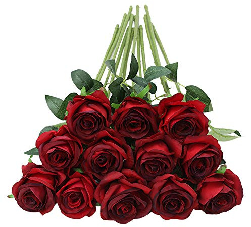 Tifuly 12pcs Red Roses Artificial Flowers,Realistic Long Stem Fake Silk Roses Bouquet for Party Home Wedding Centerpiece Office DIY Decor（Burgundy）