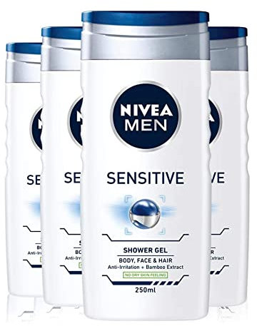 NIVEA MEN Sensitive Shower Gel Alcohol-Free Sensitive Skin Shower Gel, Gentle Shower Gel for Men, Shower Gel for Irritated Skin, 250ml (Pack of 4)
