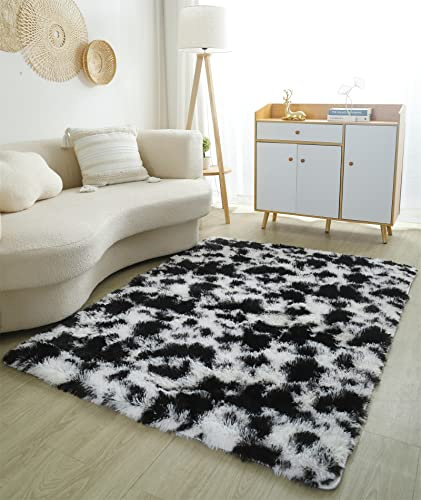 Tappeti Moderni Pelosi da Soggiorno e Camera da Letto, Morbidi Tappeti Antiscivolo per Camerette per Bambini, Grandi Tappeti per Soggiorno (80 x 160 cm, Nero + Bianco)