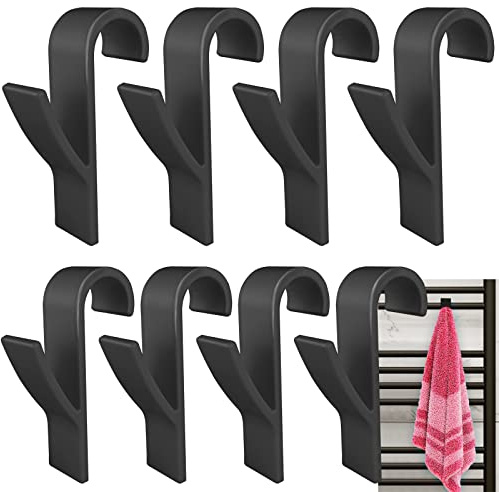 Realure 8pcs Black Radiator Towel Hooks, No Drill Towel Rail Clips | Fits up to 25mm radiator rails. Removable ABS hooks for towels, robes and clothes in bathroom, kitchen and utility rooms.