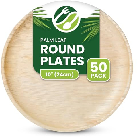 ECO Leaf 50 Disposable 10”(24cm) Palm Leaf Plates – Compostable, Biodegradable, Eco-Friendly, Microwave & Oven Safe, Strong for Hot Food, Large Round Premium Tableware