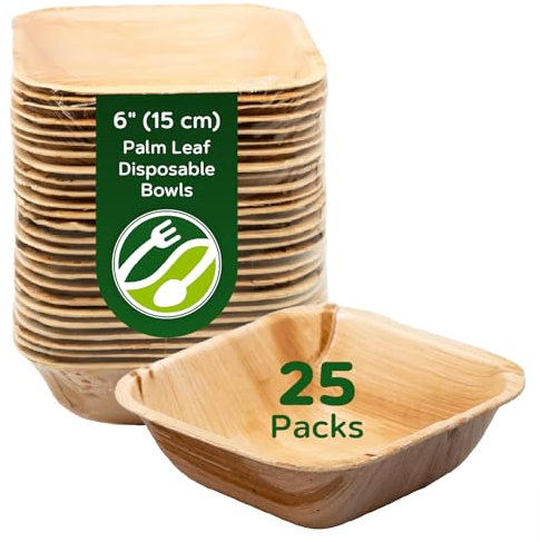 ECO Leaf Disposable Palm Leaf Bowls | Square Compostable Dinner Bowls | Eco-Friendly, Biodegradable Heavy-Duty Bowl for Wedding, Party and Picnic | Microwave & Oven Safe (25, Large 6(15cm))