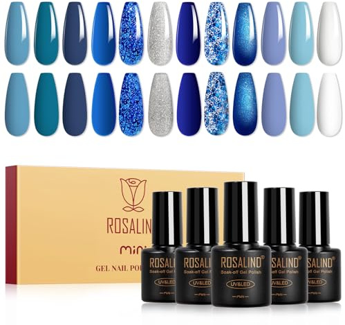 ROSALIND UV Nagellack Blau,12 Farben Himmelblauer Ozean Kobaltblau Marineblau Dunkelblau Glitzer Farbgel Gelnägel Blauer Soak Off UV LED Gel lack Weiß Silber Maniküre Geschenkset