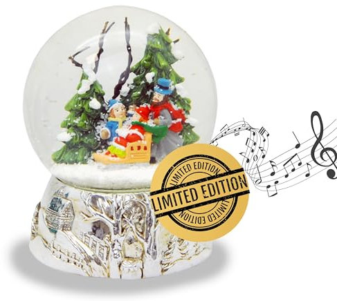 Schneekugel Familie Winterspaziergang | Silber Sockel Winterlandschaft | Spieluhr Jingle Bells | Schüttelkugel Weihnachtsdekoration | B: 10 cm H: 13 cm | 20205