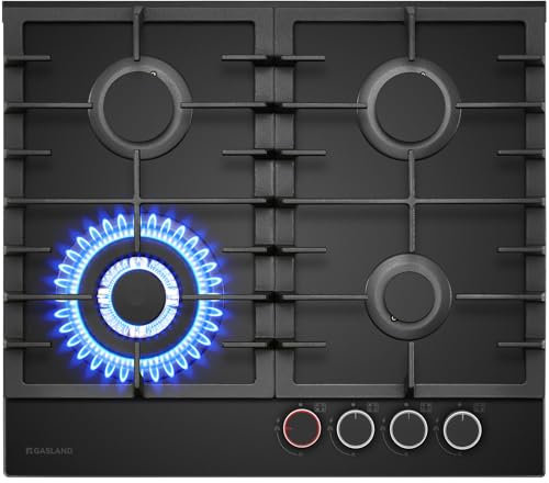 GASLAND PRO GH2604BG1FC Piano Cottura a Gas in Vetro 4 Fuochi, Piano Cottura a Gas con Manopola Illuminata, 60 cm Piano Cottura a Gas da Incasso con Bruciatori in Ottone, Fornello a Gas Butano 8000 W