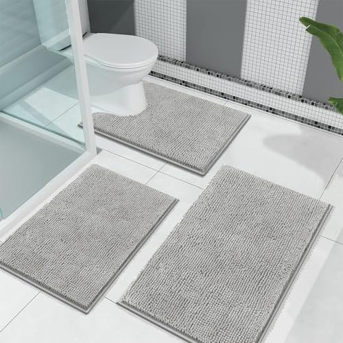 Enyhom Chenille Bathroom Mats 3 Pieces, Ultra Absorbent Non-Slip Bathroom Rugs, Machine Washable Soft Shaggy Bath Mats for Shower Floor (Light Grey, 45x65+50x80+U50x60cm)