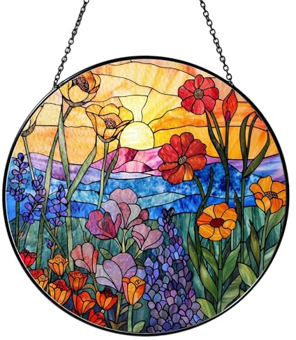 Flores silvestres atrapador de sol, decoración de ventanas acrílicas con cadena para colgar, adorno acrílico redondo, decoración para ventana, terraza, pared, casa y jardín