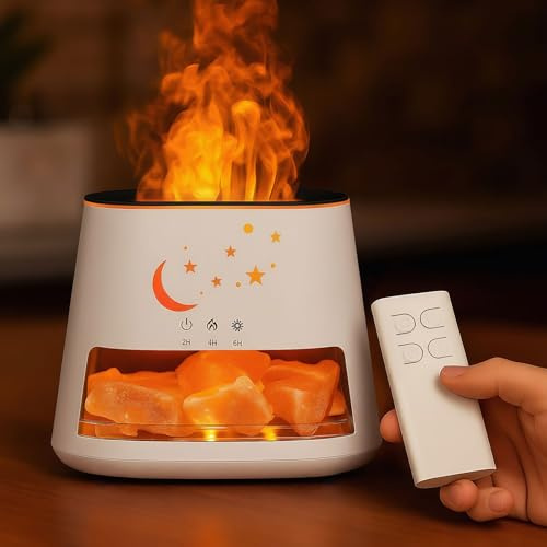 OKYUK Flammen Feuer Diffusor & Himalaya Salzlampe, 8-Farben LED Aroma Diffusor mit Timer, Luftbefeuchter Zuhause, Büro & Wellness(Holz Stern