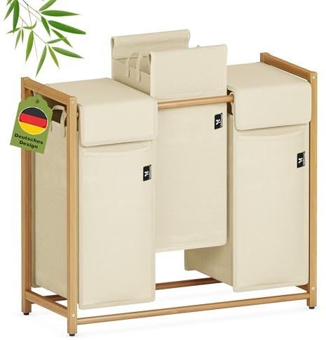 AdelDream Wäschekorb 150L, 3 Fächer Wäschesammler, Bambusrahmen | Wäschesortierer 3 x 50L, abnehmbarer Sack, atmungsaktiv, Beige