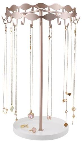 Lolalet Drehbarer Schmuckständer mit 26 Metallhaken, Rotierender Schmuckhalter Schmuck Organizers Schmuckaufbewahrung für Halsketten Armbänder Schlüsselanhänger -Rosagold