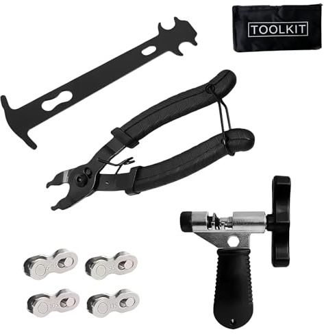 (4 in 1 Bicycle Chain Tool Set) Bike Chain Breaker Splitter Tool+ Chain Checker+ Link Plier + 4 Pairs Missing Links Bicycle Link Opener Closer Plier Connector Wear Indicator Chain Cutter