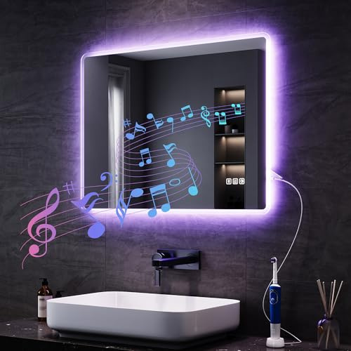 SONNI Badrumsspegel med belysning 80 x 60 cm, LED-spegel med Bluetooth och touch-brytare, dimbar, dimfri, 3 justerbara ljusfärger, uttag