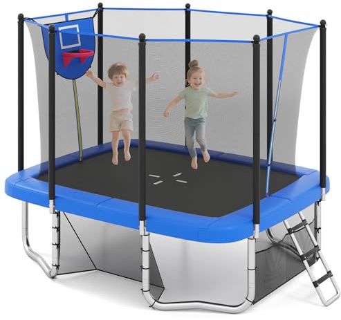 COSTWAY Trampolino da Esterno per Bambini e Adulti 317 x 255 cm, Tappeto Elastico Rettangolare con Canestro da Basket, Porta da Calcio, Scala Antiscivolo, Rete e Telaio in Acciaio (Blu)
