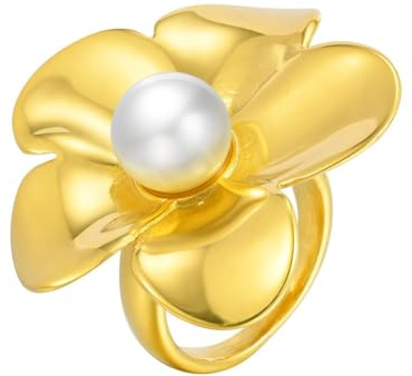 HIJONES Femmes Acier Inoxydable Bague Fleur de Perle Plaqué Or Bague Sceau Jonction Bijoux Élégants Cocktail Fête Or Taille 54