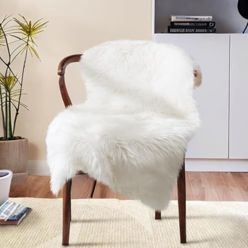 JXLOULAN Faux Fell Teppich Weiß 60x90 cm Waschbar, Flauschiger Faux Lammfell Teppich für Wohnzimmer Schlafzimmer Kinderzimmer Haustierfreundlich