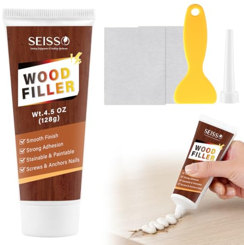 SEISSO Holzspachtelmasse Weiß 128 g in Tube, Holzkitt für Risse und Löcher | Reparaturset mit Spachtel, Schleifpapier und Düse, zum Füllen von Rissen, Löchern und Schäden, lackier- und schleifbar