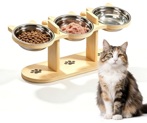 Katzennapf Erhöht, 3-in-1 Futternapf und Wassernapf Set, Edelstahl Futterstation Katzen, Höhe Verstellbar Futternapf Katze Erhöht für Nass-Trockenfutter, für Katzen, Welpen und kleine Hunde