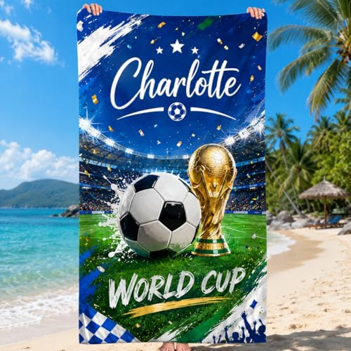 Serviette de Plage Personnalisée avec Prénom, Drap de Plage Foot Customisé en Microfibre Anti-Sable pour Garçon Homme, Serviette de Sport Séchage Rapide, Cadeau Coupe du Monde Football (world cup)