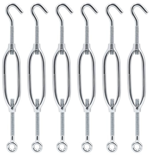 6 Pack M6 Turnbuckle，Stainless Steel Wire Rope Tensioner With Hook And Eye，Adjustable 140–210mm，For Garden Fence Washing Line Sun Sail Outdoor Cable Tensioner