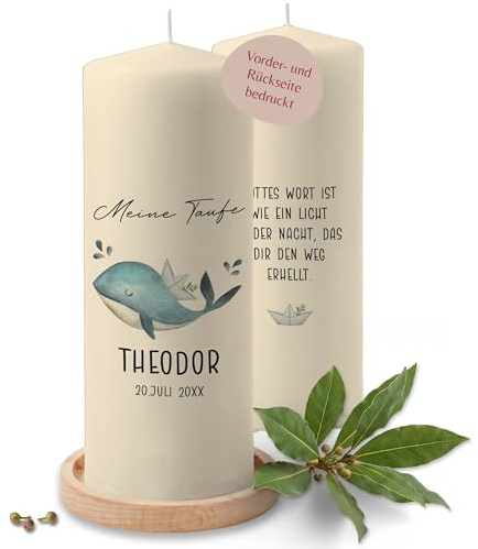 Taufkerze - Wal zur Taufe mit Daten - personalisierte Taufgeschenke für Mädchen und Jungen - 230/78 mm - Elfenbein